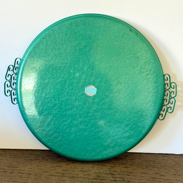 MCM Hollywood Regency Teal / Green Enamel Round Serving Tray, Moiré Glaze by Kyes In great used vintage condition. Being a...
