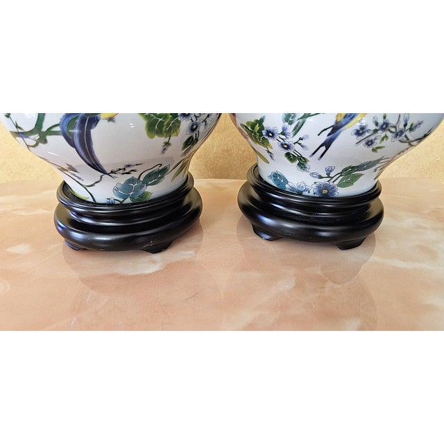 Vintage Chinoiserie Porcelain Bird & Floral Table Lamps With Shades - a Pair For Sale - Image 14 of 18