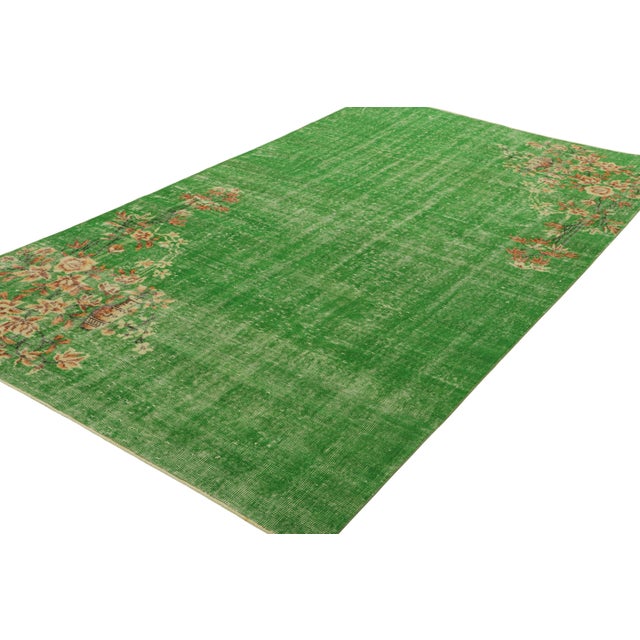 Rug & Kilim Vintage Art Deco Rug in Green With Beige-Brown Floral Patterns | Rug & Kilim For Sale - Image 4 of 7