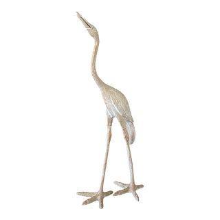 Vintage Carved Wood Crane Coastal Bird Floor Sculpture For Sale