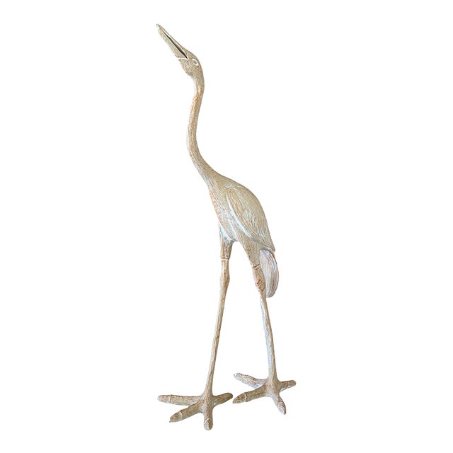 Vintage Carved Wood Crane Coastal Bird Floor Sculpture For Sale