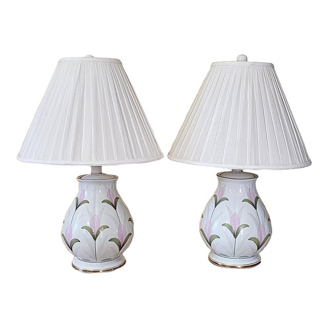 Vintage Floral Ceramic Table Lamps Pair W/ Gold Trim, Hand Painted, Pleated Shades, Hollywood Regency Cottage Decor For Sale