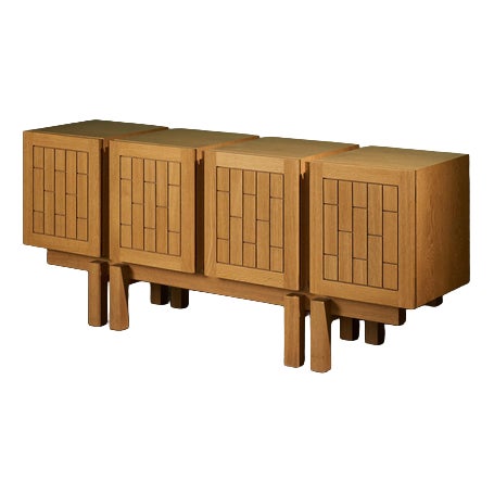 Brutalist Sideboard with Geometric Details in Oak, France For Sale