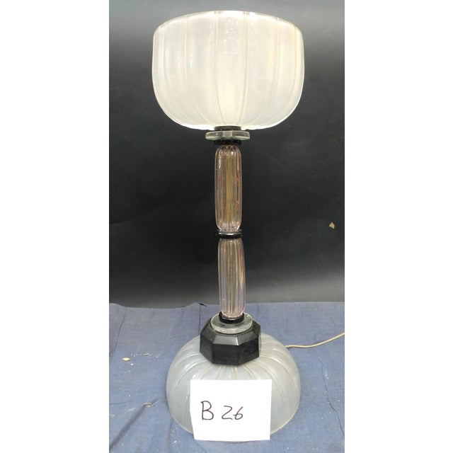 Vintage Italian Murano glass table lamp with frosted shade and base, held with clear ribbed stem / Made in Italy in the...