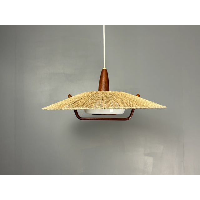 Textile Large Mid-Century Teak and Sisal Cord Pendant from Temde Leuchten, 1960s For Sale - Image 7 of 17