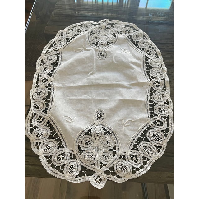Vintage Crochet Linen Dolly Table Decor For Sale - Image 4 of 5
