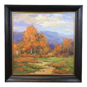 Mid 20th Century Large Ru Hui Autumn Tree Mountain Landscape Oil Painting on Linen, Framed