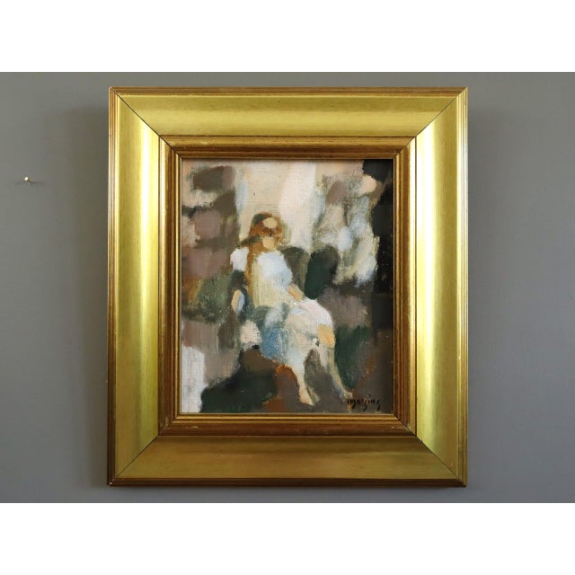 WOMAN IN REPOSE Size: 14.2 x 12.8 inches (including frame) Oil on board A small yet very impactful mid century abstract...