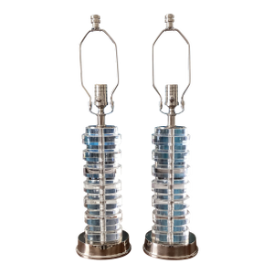 Visual Comfort Art Deco Style Glass and Nickel Table Lamps - a Pair