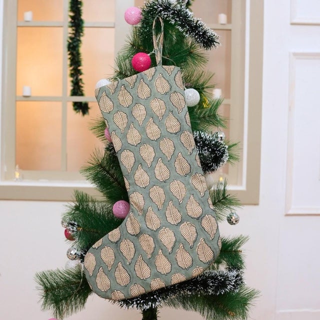 Art Deco Handcrafted Panchi Print Linen-Blend Block Printed Holiday Stocking For Sale - Image 3 of 3