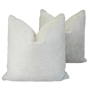 Boho Chic Ultra Bone White Crocodile Velvet Feather/Down Pillows 24" Square - Pair For Sale