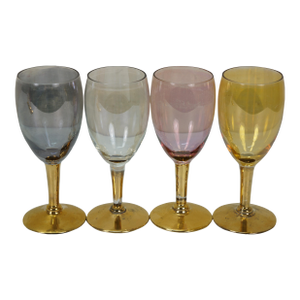 Late 20th Century Arlecchino Harlequin Colored Iridescent Wine Glasses Goblets Gilt Stems- Set of 8