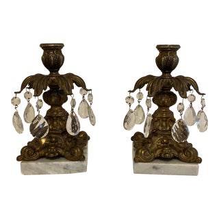 Vintage 1950s Hollywood Regency Ornate Italian Marble & Brass Candlesticks - a Pair For Sale
