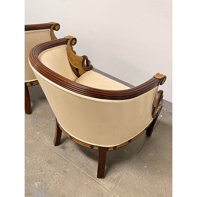 Wood Maitland-Smith Bergère Lounge Chairs With Gilt Parcel Swan Heads - A Pair For Sale - Image 7 of 14