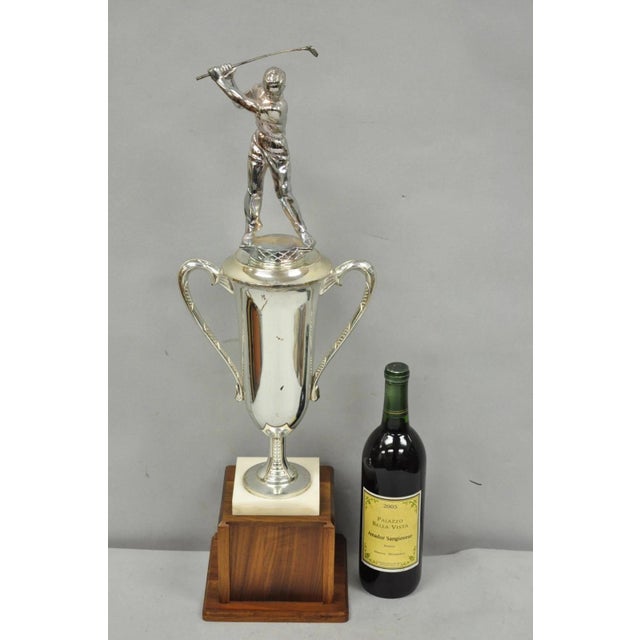 Vintage 1970s Art Deco Silver Metal Marble & Wood Figural Golf Trophy Award Cup. Circa Late 20th Century. Measurements:...
