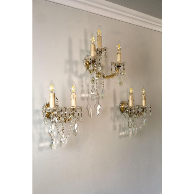 Gold Triptych of Maria Theresa Style Crystal Wall Lamps, 1940s, Set of 3 For Sale - Image 8 of 12