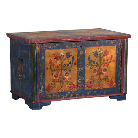 Antique Folk Art Style Chest with Floral Motifs, 1920s For Sale