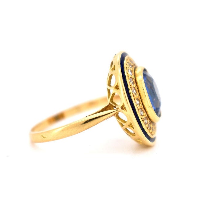 1960s Halo Ring in Gold, Ceylon Sapphire, Diamonds, and Enamel, Size 7.5 For Sale - Image 4 of 9