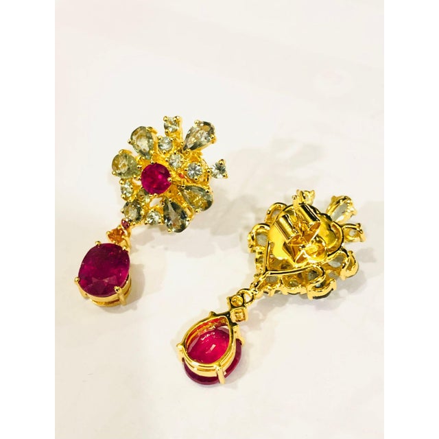 Baroque Bochic "Orient" Ruby & Green & Yellow Sapphire Earrings Set 18K Gold & Silver For Sale - Image 3 of 18