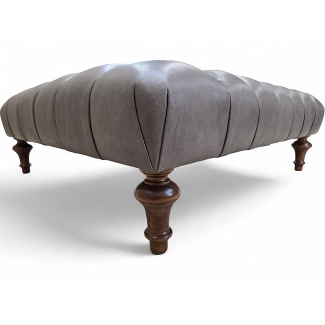 Vintage Chesterfield Style Tufted Gray Leather Ottoman For Sale - Image 9 of 9
