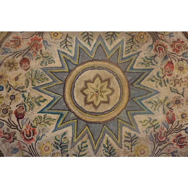 Magistral Tan Beige Color With Floral and Geometric Design Antique American Hooked Rug For Sale - Image 15 of 15