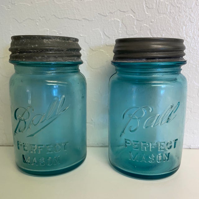 Pair of Blue Glass Ball Mason Jars With Lids Chairish