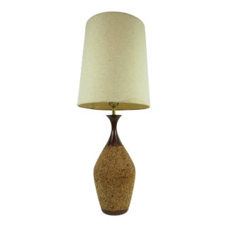 1960s Vintage Oversized Walnut and Cork Lamp With Shade For Sale
