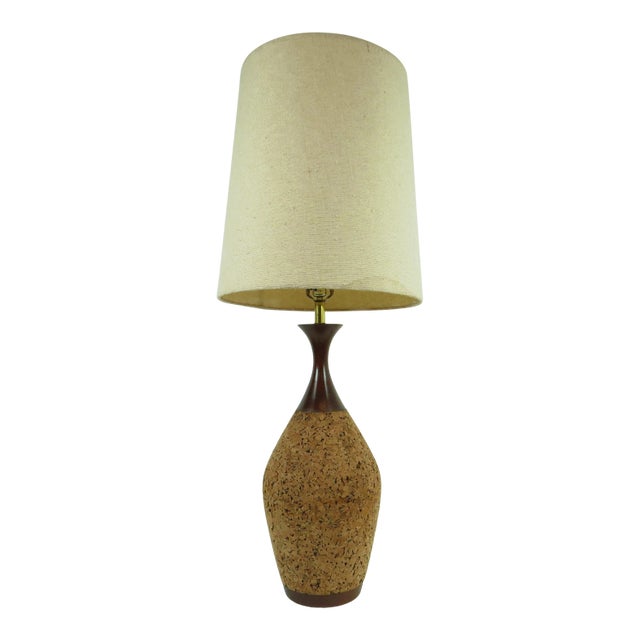 1960s Vintage Oversized Walnut and Cork Lamp With Shade For Sale