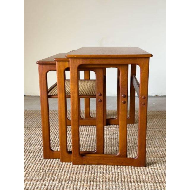 CFC Silkeborg Teak Nest of Tables with Rattan Shelf by Johannes Andersen for Silkeborg, 1960s, Set of 3 For Sale - Image 4 of 17