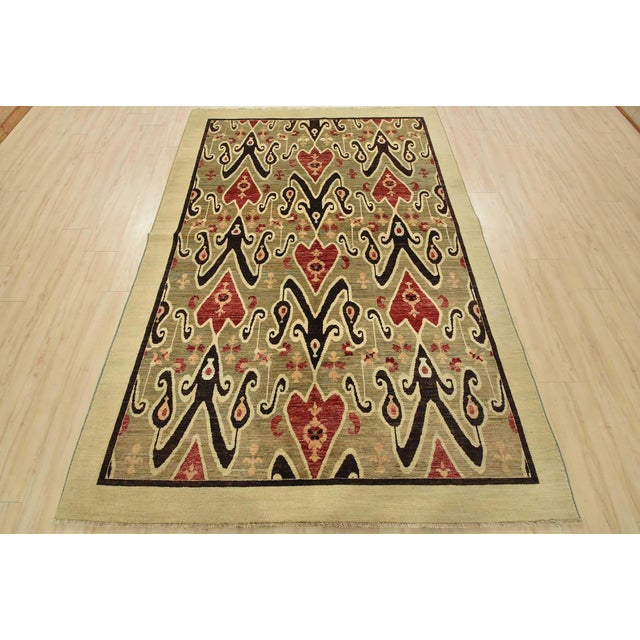 Farmhouse Ikat Rug 6’1” X 8’10” Blue Wool Hand-Knotted Oriental Carpet For Sale - Image 3 of 14
