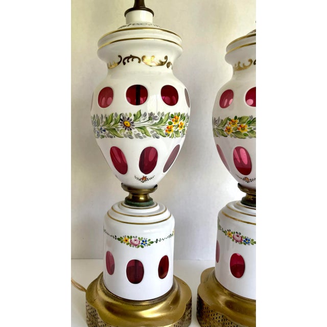 Antique Bohemian Czech Glass Floral and Brass Lamps - a Pair For Sale - Image 9 of 13