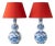 Blue & White Ceramic Table Lamps with New Vermilion Silk Shades from Royal Delft, 1974, Set of 2 For Sale