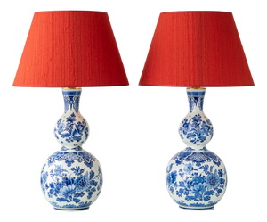 Blue & White Ceramic Table Lamps with New Vermilion Silk Shades from Royal Delft, 1974, Set of 2
