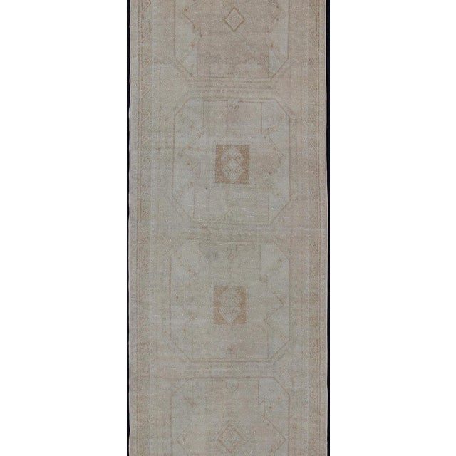 Tribal Vintage Turkish Oushak Runner in Soft Taupe and Pale Light Blue 3'7 X 11'1 For Sale - Image 3 of 10
