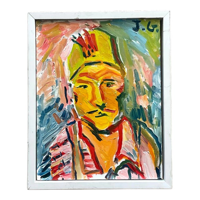 Vintage Fauvist Signed Original Oil Portrait Painting on Board For Sale