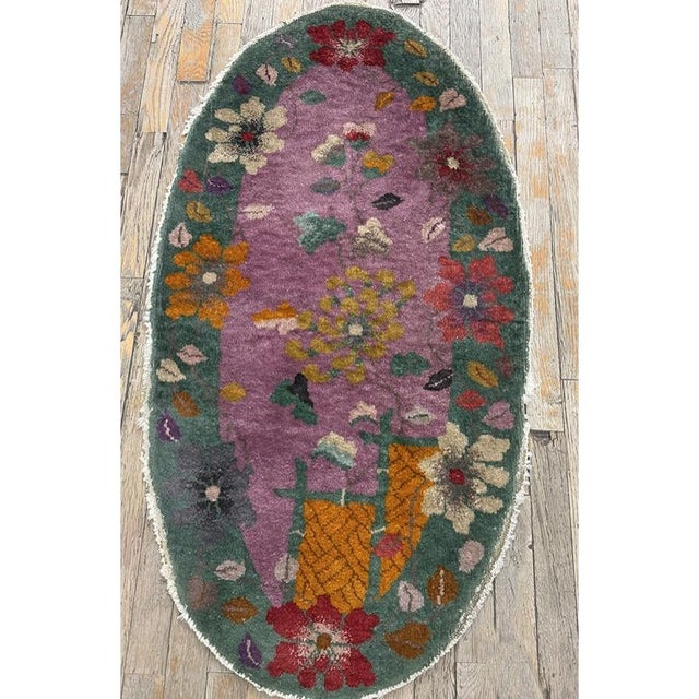 Art Deco 1920s Antique Purple Floral Modernist Chinese Handknotted Art Deco Wool Oval Rug For Sale - Image 3 of 6