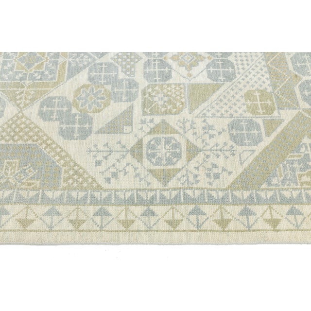 Modern Geometric Khotan Style Hand-Knotted Wool Area Rug - Muted Sage & Sand For Sale - Image 9 of 10
