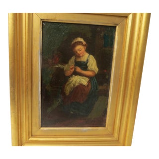 Victorian Painting of a Young Girl Sewing Mid 19th For Sale