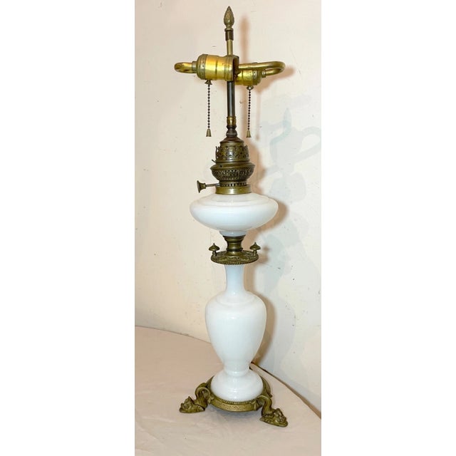 Antique 1800's Ornate Victorian Apollon Brass Milk Glass Electrified Oil Lamp For Sale - Image 4 of 13