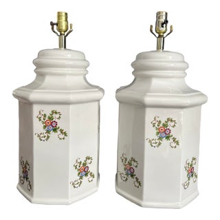 Vintage White Ceramic Hexagonal Ginger Jar Lamps Grand Millenial For Sale