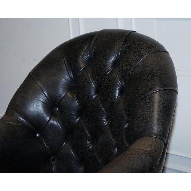 Vintage Chesterfield Dark Aged Grey Leather Directors Swifel Captains Chair For Sale - Image 10 of 16