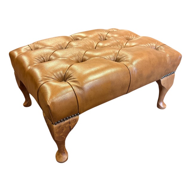 Vintage English Tufted Leather Ottoman For Sale