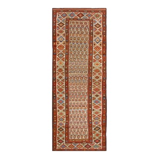 1900s Ivory Tribal Paisley Antique Kurdish Persian Rug 3'6" X 10'0" Handknotted Wool Carpet For Sale