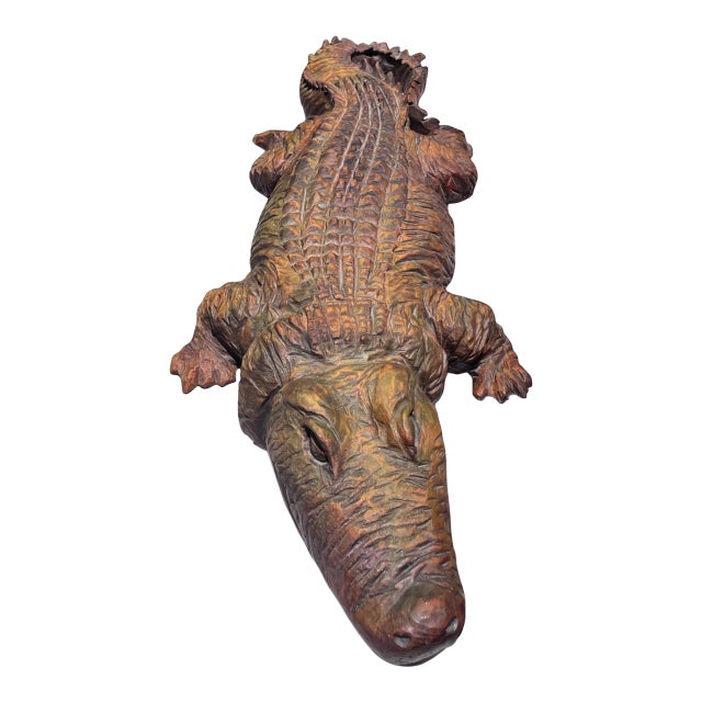 Monumental Hand-Carved Solid Wood Alligator Sculpture by Ken Packie, 6 Ft Long For Sale
