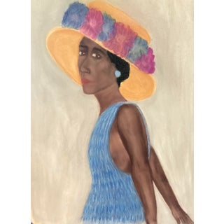 "Lady in the Blue Dress" Original Folk Art Pastel Portrait Painting For Sale