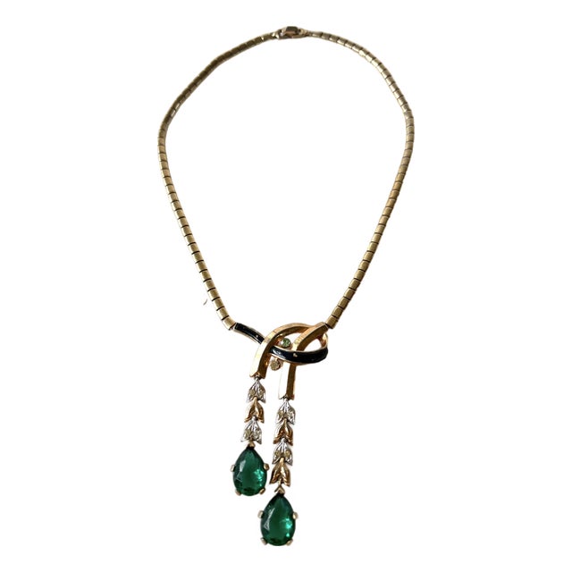 Vintage Crown Trifari Gold-Toned Emerald and Clear Rhinestone Necklace From 1949 For Sale
