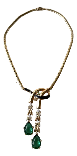 Vintage Crown Trifari Gold-Toned Emerald and Clear Rhinestone Necklace From 1949
