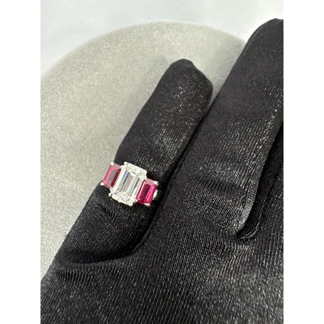 Red 1.65 CTW Mid-Century Emerald Cut Diamond & Burmese Ruby Platinum Ring, Size 6.5 For Sale - Image 8 of 10