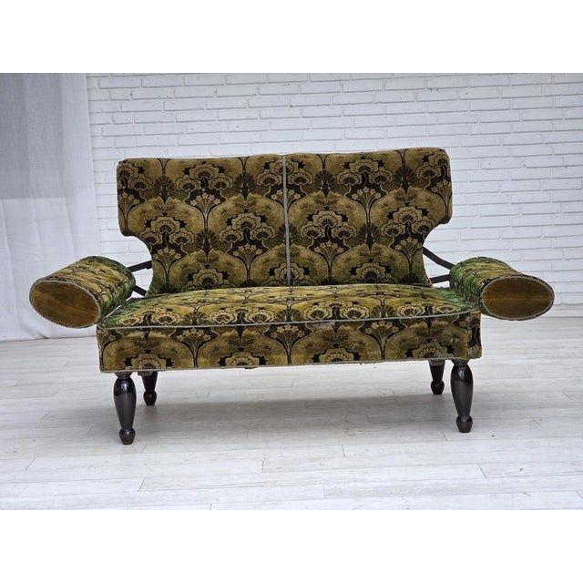 1930s Vintage Danish Two-Seater Drop Arm Sofa in Green Furniture Velour, 1930s For Sale - Image 5 of 18