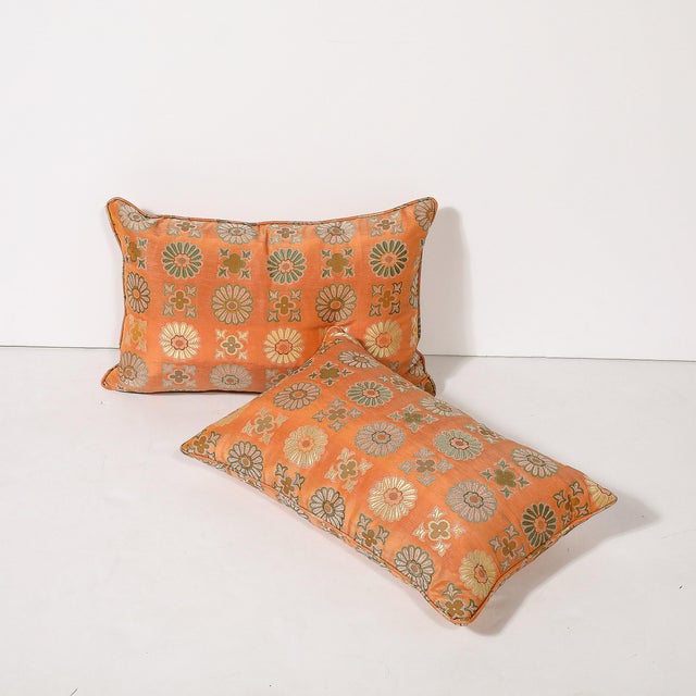 Pair of Silk & Down Stuffed Pillows in Orange & Emerald Green Eastern Patterning For Sale - Image 10 of 10